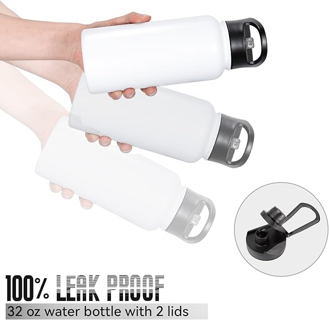 32 oz Insulated Water Bottle with Straw Lid & Wide Mouth Lids, Stainless Steel Sports Water Bottles, Double Walled Vacuum, Leak Proof, White