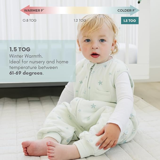 Tealbee Dreamsuit Toddler Sleep Sack with Feet – Walker Sleep Bag with Legs, Rayon made from Bamboo, Winter 1.5 TOG, 2-Way Zipper, 12m-2T - Seashell
