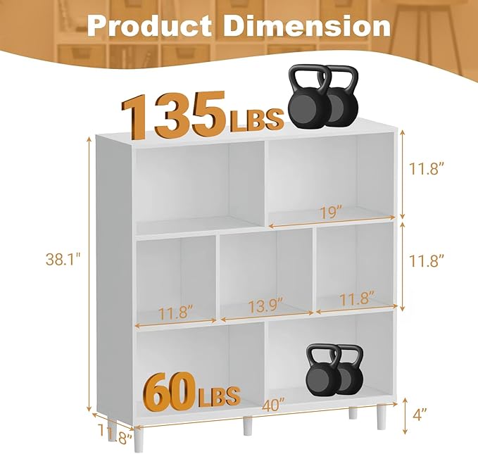 7 Cube Storage Organizer | Bookshelf with Legs|Wall Bookshelf| 3 Shelf Bookcase | -Cubic Storage Cabinet（Storing Books,Toys & More Easy to Install）