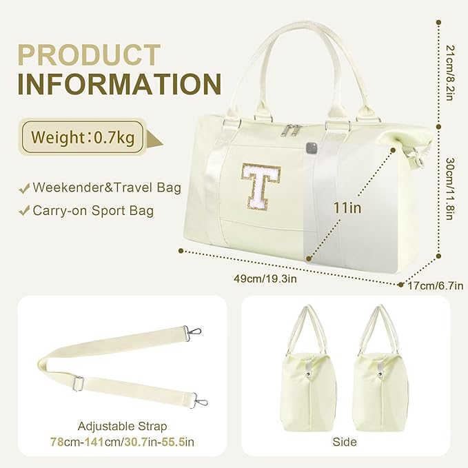 Dance Gym Duffel Bag for Teen Girls, Personalized Initial Travel Weekender Bag,Cute Overnight Carry On Duffle for Women,Sports Travel Cheer Bag,Monogram Christmas Gifts for Tween Preppy(beige-T)