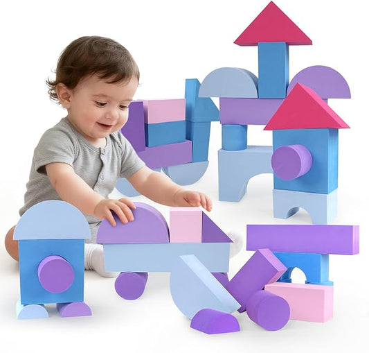 Large Building Foam Blocks for Toddlers, EVA Stacking Foam Building Blocks Toy Set, Non-Toxic, Washable, Early Learning Construction Toys & Gifts for Kids Boys & Girls (Pink, Pieces, 30)
