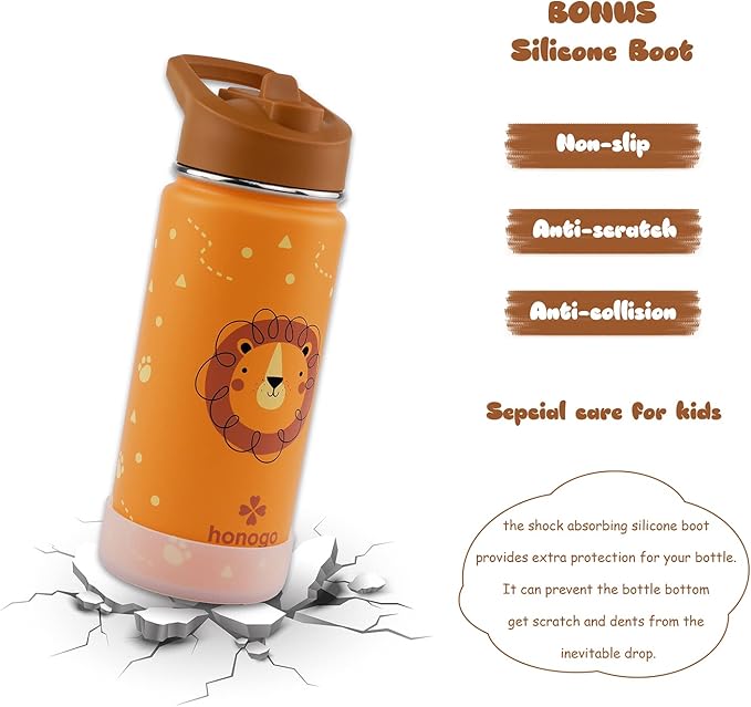 16 oz Stainless Steel Insulated Kids Water Bottle, Leak Proof Metal Thermal Flask with Straw lid, Cute Toddler Tumbler Cup for School Girls & Boys (Lion, Orange)