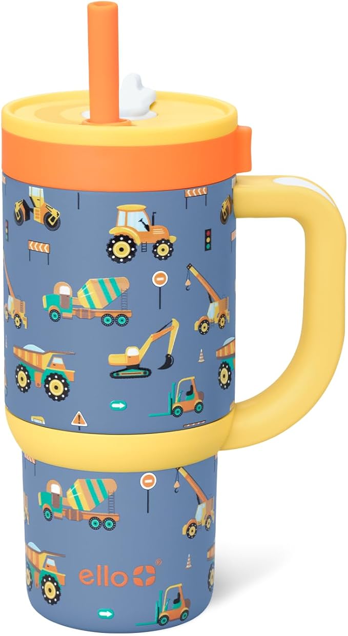 Ello Oasis 14oz Stainless Steel Toddler Tumbler with Handle & Retracting Straw, 100% Leakproof, Double-Wall Vacuum Insulated, Kids Water Bottle for School, BPA Free, Dishwasher Safe, Construction