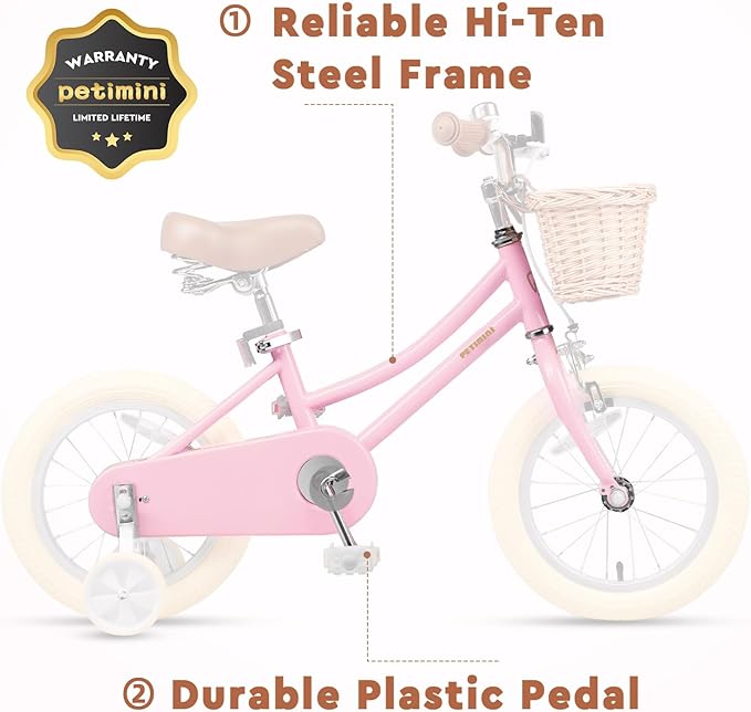 Petimini Girls Bike with Basket for 2-12 Years Old Kids, 12 14 16 18 20 Inch Bicycle with Bell Training Wheels Basket, Multiple Colors