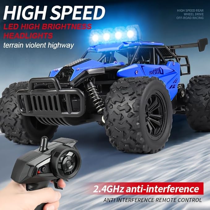 Remote Control Car Monster Truck Toys 1:16 Scale RC Car For Boys 2.4GHz High Speed 20 km/h With LED Headlights,Rechargeable RC Cars Gifts for Boys 4-7 8-12 Christmas, Beginner, Kids 6-12+ (Black)