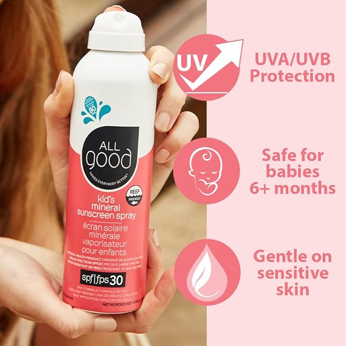 All Good Baby & Kids Sunscreen Spray - UVA/UVB Broad Spectrum, SPF 30, Zinc Oxide, Coral Reef Friendly, Water Resistant, Calendula, Aloe (6 oz)