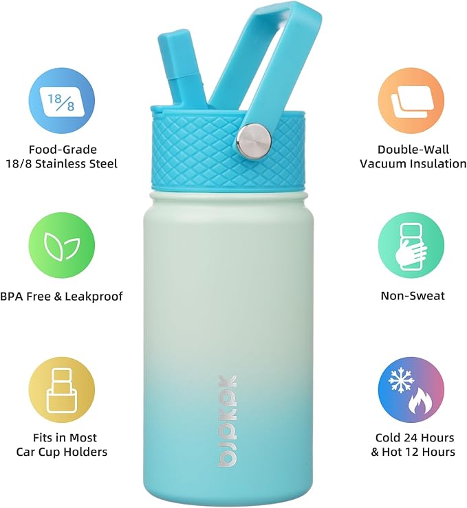 BJPKPK Insulated Water Bottle with Straw Lid, 15 oz Stainless Steel Metal Water Bottles, Reusable Leak Proof BPA Free Thermo, Flask, Cups - Mint