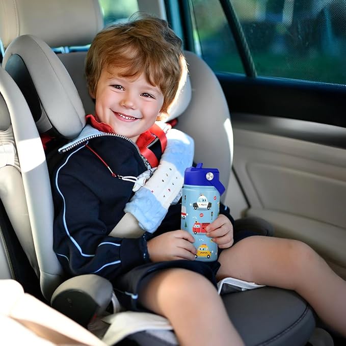 SANDJEST Kids Water Bottle with Straw Lid, Pack of 2 Insulated 12 Oz Stainless Steel Water Bottles for Boys, Travel Cup for School Sports, Construction - Transportation