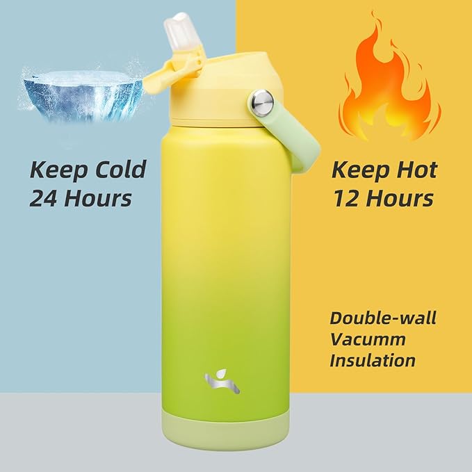 Insulated Water Bottle with Straw Lid,24 oz Stainless Steel Vacuum Metal Bottle with Silicone Handle,Lime