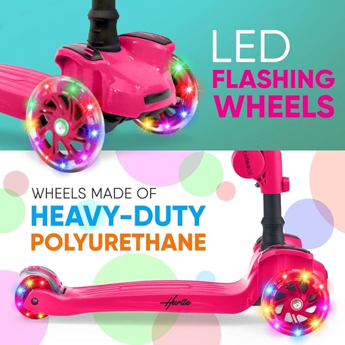Hurtle 3-Wheeled Scooter for Kids - Wheel LED Lights, Adjustable Lean-to-Steer Handlebar, and Foldable Seat - Sit or Stand Ride with Brake for Boys and Girls Ages 1-14 Years Old