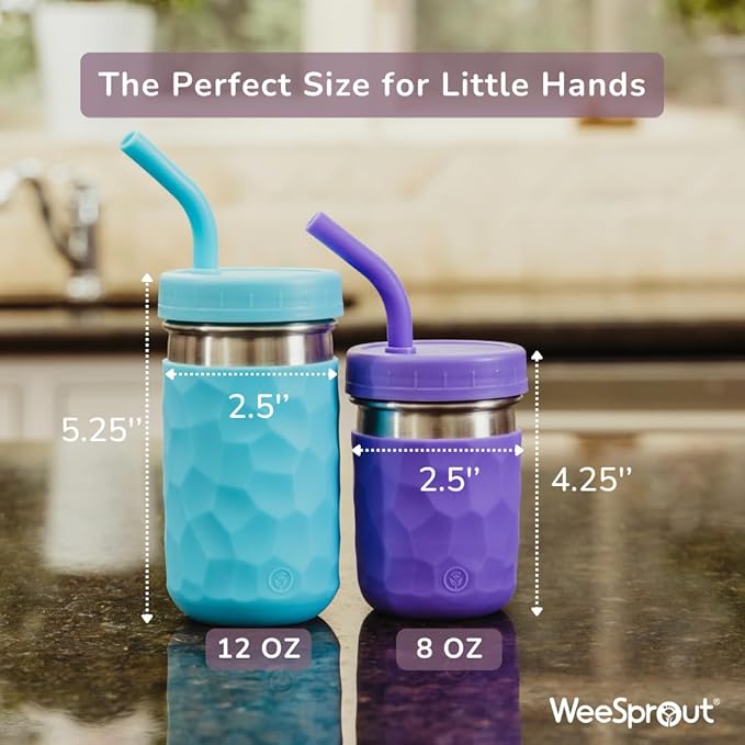 WeeSprout 2-in-1 Drinking Cups for Kids, Durable Stainless Steel Tumbler for Smoothies, Silicone Straws with Stoppers, Premium Plastic Twist Lids, Easy-Grip Sleeves, Set of 4 Dishwasher Safe Kid Cups