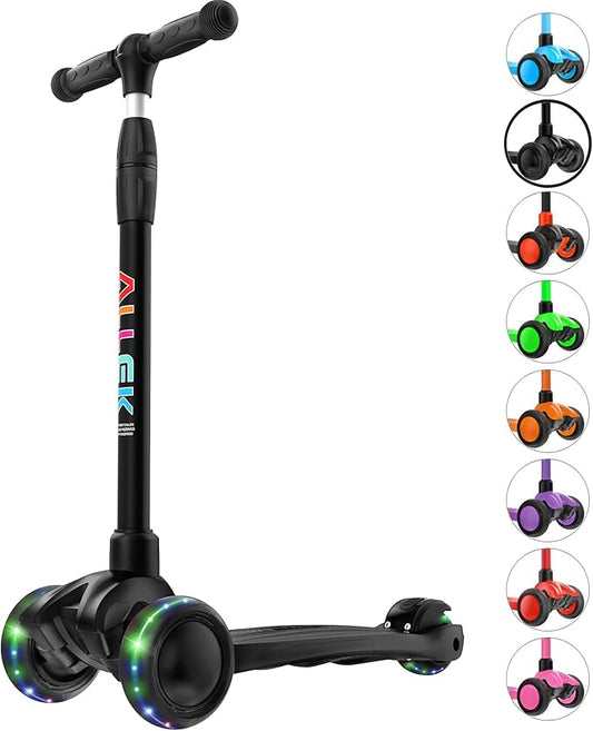 Allek Kick Scooter B03, Lean 'N Glide 3-Wheeled Push Scooter with Extra Wide PU Light-Up Wheels, Any Height Adjustable Handlebar and Strong Thick Deck for Children from 3-12yrs (Black)