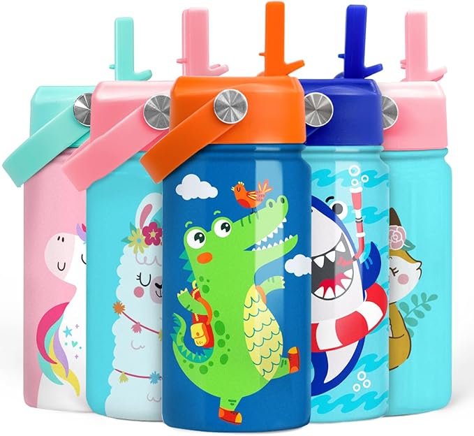 Crocodile Water Bottle - Kids Water Bottle with Straw Lid - 12 Oz Insulated Stainless Steel Water Bottles for Kid Boys - Travel Cup for School Sports