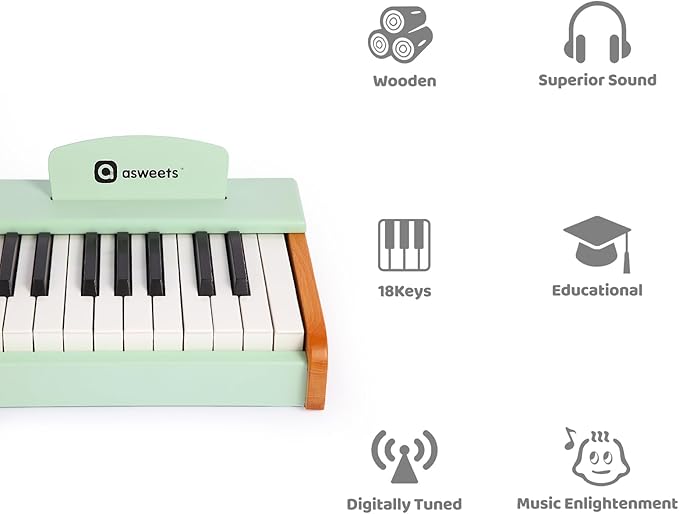 Asweets 18 Keys Piano Keyboard for Kids, Toddler Music Educational Instrument Toy, Wooden Piano for Toddlers Girls & Boys, Green
