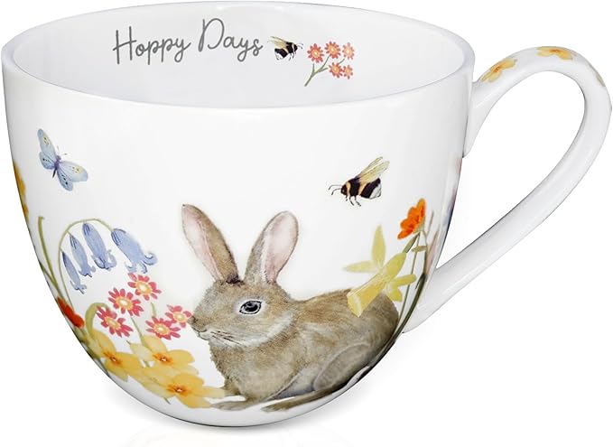 20 oz Rabbit Coffee Hug Mug, Spring Flowers & Happy Days Slogan, Premium Bone China Cute Bunny Mug, Perfect Birthday and Christmas Gift for Women, Designed in England by Harvest Green Studio