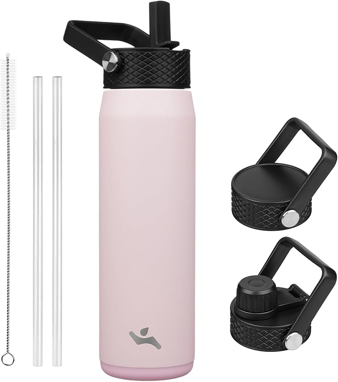 25oz Insulated Stainless Steel Water Bottle with Straw and 3 Lids, BPA-Free Sports Water Bottle,travel water bottle,Pink