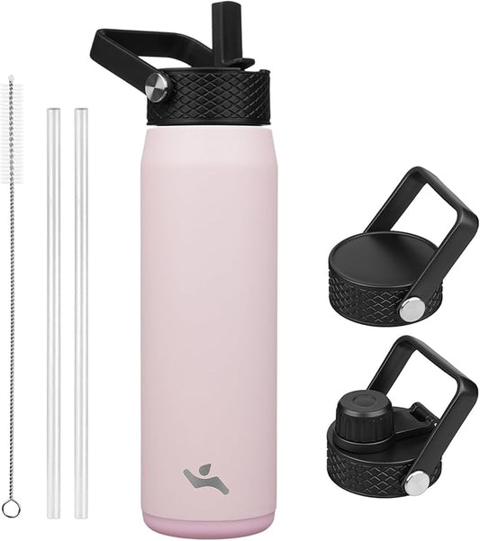 25oz Insulated Stainless Steel Water Bottle with Straw and 3 Lids, BPA-Free Sports Water Bottle,travel water bottle,Pink