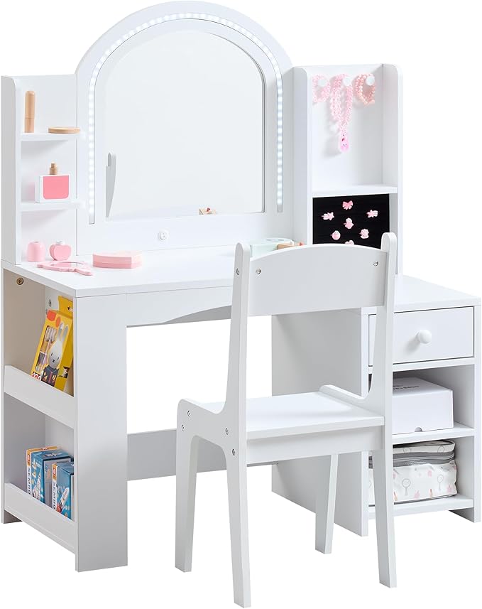 Kids Vanity Set with Lights, 2 in 1 Princess Makeup Vanity Desk with Jewelry Storage, Open Bookshelf, Storage Cabinet & Shelves for Little Girls (White)