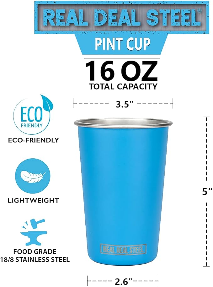 Party Pints: 16 oz Pint Cups, Stackable Tumblers, Eco Friendly Premium Metal Drinking Glasses