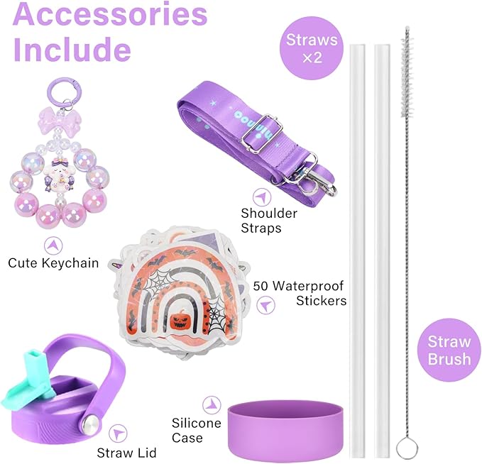 Mininoo Insulated Stainless Steel Kids Water Bottle for School with Straw Lid & Strap, 50 Stickers, 18 oz(Purple/Sky)