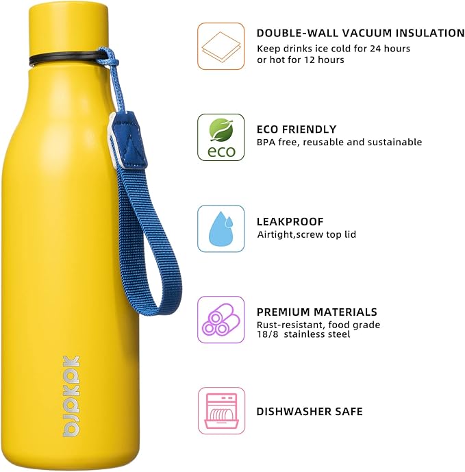 BJPKPK Insulated Water Bottles, 18 oz Stainless Steel Metal Water Bottle with Strap, BPA Free Leak Proof Thermo, Mugs, Flasks, Reusable Water Bottle for Sports & Travel, Yellow