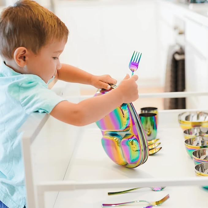 Ahimsa Stainless Steel Kids Dinnerware Set, Pediatrician Designed, 5 Piece Toddler Plates and Bowls Set, Stainless Steel Divided Plate, Cup and Kids Utensils, Rainbow