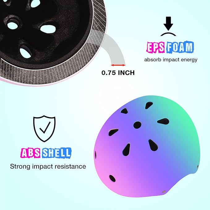 Color Gradient Adjustable Bike Helmet with Knee and Elbow Pads - Kids Toddler Boys and Girls Skateboard Helmet for Ages 3-14 | Ideal for Riding, Scooters, Inline Skating, Longboarding, Roller Skating