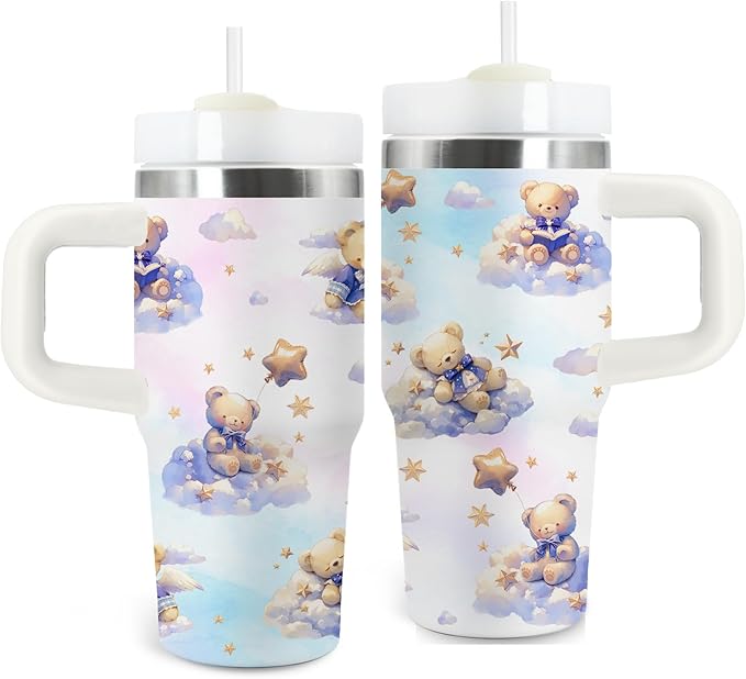 Bear Gifts - 14 Oz Cartoon Kids Tumbler with Handle and Straw, Stainless Steel Insulated Water Bottle,for Boys Girls, School, Travel - Cute Bear Themed Children Birthday Gift Cup(1pc)