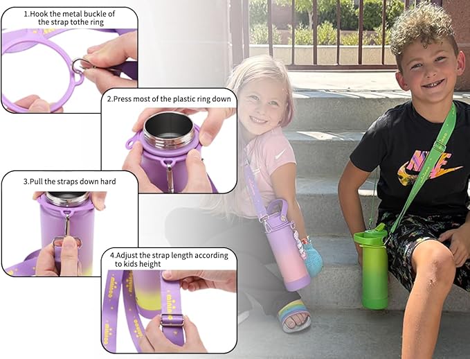 Mininoo Insulated Stainless Steel Kids Water Bottle for School with Straw Lid & Strap, 50 Stickers, 18 oz(Purple/Yellow)