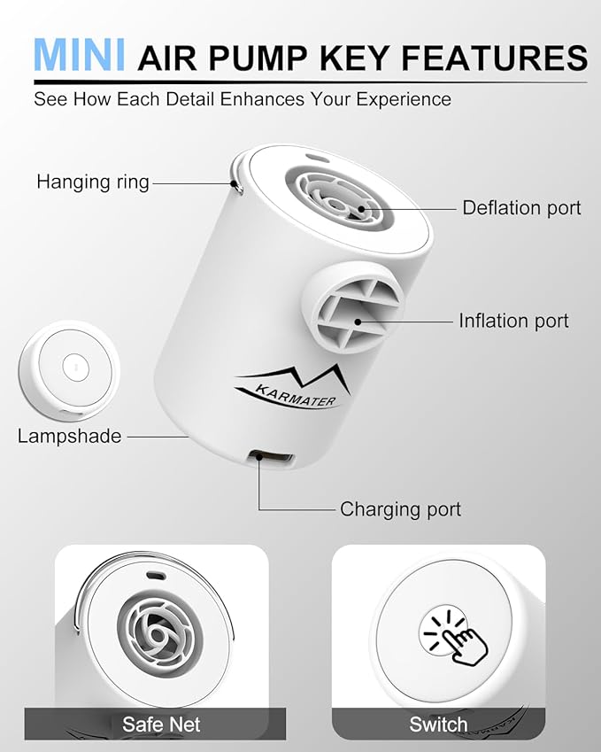 Portable Pool Inflatable Air Pump - 5kPa Upgrade Electric Camping Travel Vacuum Mini Inflator Pump for Inflatables - Battery Mattress Bed Small Float Pumps - Tiny Rechargeable Pumps for Storage Bags