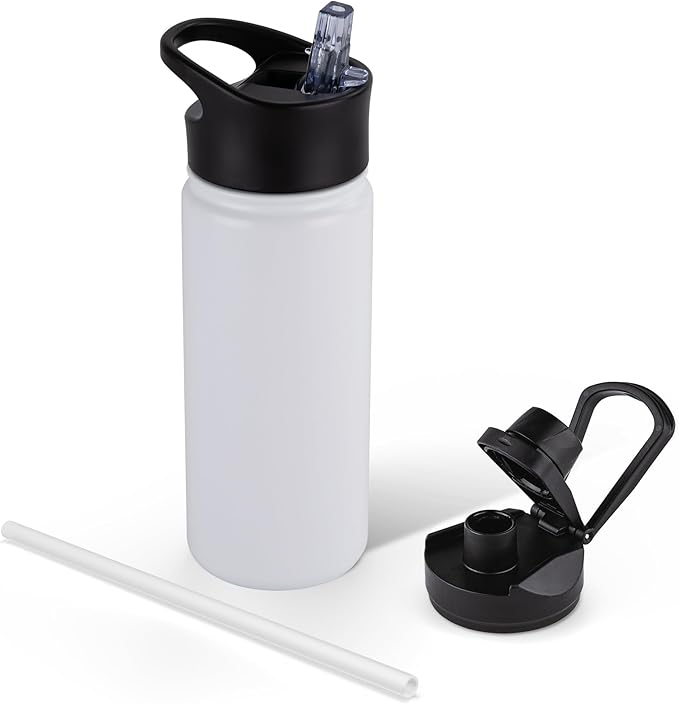 16 oz Insulated Water Bottle for School, Straw & Spout Lid, Keep Cold 24H, Spill Proof, BPA-Free, Double Wall Stainless Steel Kids Water Bottles for Sports, Gym, Travel, White