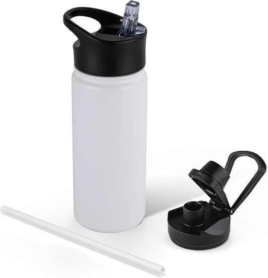 16 oz Insulated Water Bottle for School, Straw & Spout Lid, Keep Cold 24H, Spill Proof, BPA-Free, Double Wall Stainless Steel Kids Water Bottles for Sports, Gym, Travel, White