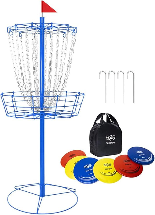 Disc Golf Basket - Portable Disc Golf Target with Heavy Duty 24-Chains Come with 6pcs Disc Golf Discs and Carry Bag, Ground Stake -Suitable for Players of All Levels - Multi Color Available