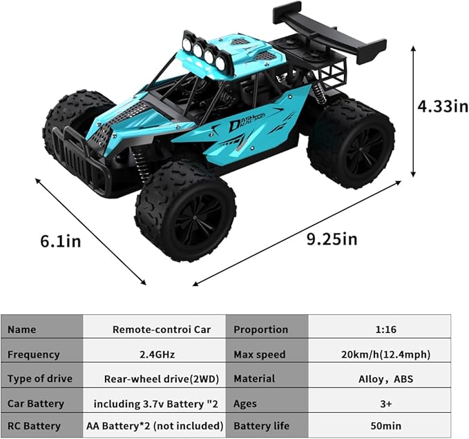 Remote Control Car Monster Truck Toys 1:16 Scale RC Car For Boys 2.4GHz High Speed 20 km/h With LED Headlights,Rechargeable RC Cars Gifts for Boys 4-7 8-12 Christmas, Beginner, Kids 6-12+ (Cyan)
