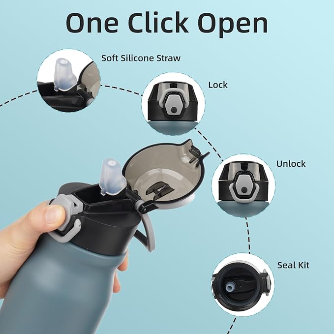 BJPKPK 25oz Insulated Water Bottle with Straw Stainless Steel Double Wall Water Bottles BPA Free Leak Proof Thermal Flask with Lockable Flip Lid,Dark Grey