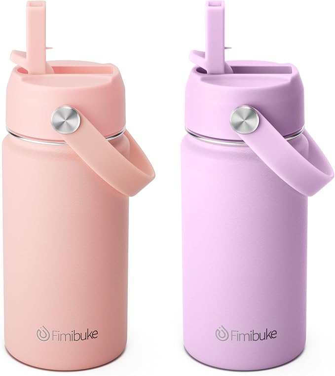 Fimibuke Kids Insulated Water Bottle, 14oz BPA FREE Double Wall Vacuum Tumbler 18/8 Stainless Steel Leak Proof Kids Cups with Straw Metal Water Bottle for School Boys Girls (2 Pack, Milky Pastel)