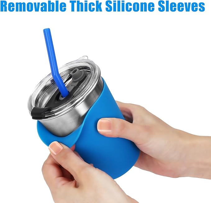 ShineMe 12oz Toddler Cups with Straws and Lids, 6 Pack Spill Proof Cups for Kids, Reusable Stainless Steel Kids Cups with Rainbow Color Anti-Slip Silicone Sleeves for Cold & Hot Drinks