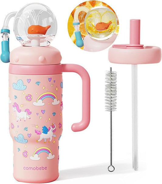 Insulated Whale Fountain Cup, 24 oz Stainless Steel Travel Mug with Handle, Leak-Proof Straw Cup, 2025 model - Washable. Suitable for children, teenagers and adults (Pink pony)