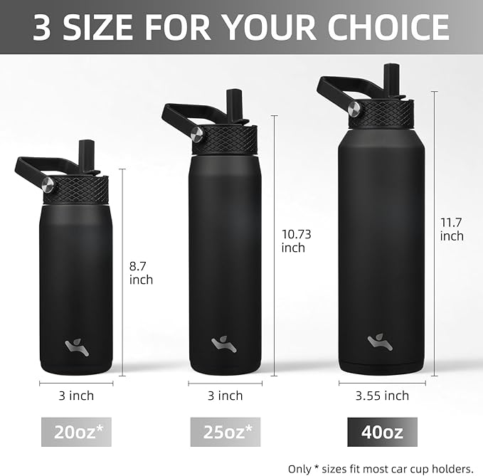 40oz Insulated Stainless Steel Water Bottle with Straw and 3 Lids, BPA-Free Sports Water Bottle,travel water bottle,Black