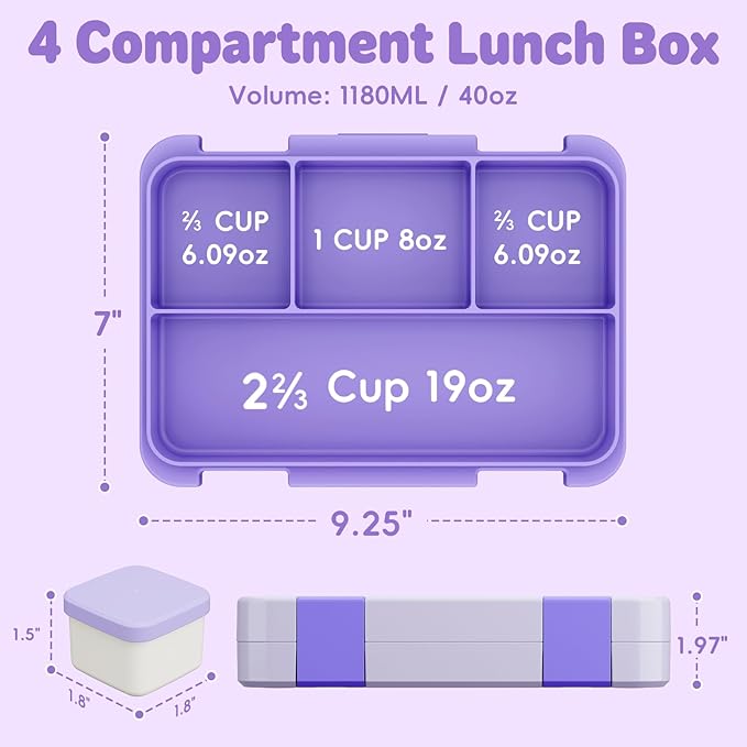 Bento Lunch Box for Kids, 4 Compartments Kids Leak Proof Back to School Bento Lunch Boxes Food Containers for School, Travel, On-the-Go Meal, Food Grade, Microwave, Dishwasher Safe