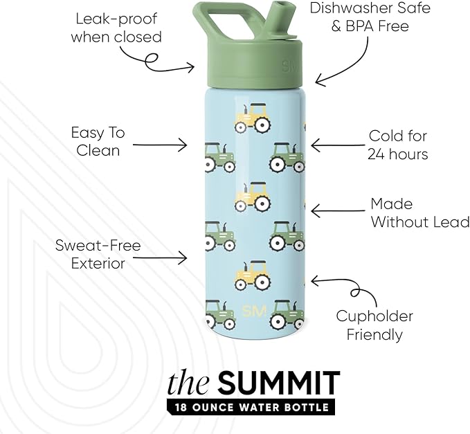 Simple Modern Kids Summit Water Bottle with Straw Lid | 18oz Stainless Steel Cup Insulated Tumbler for Toddlers, School | Tractor Fun