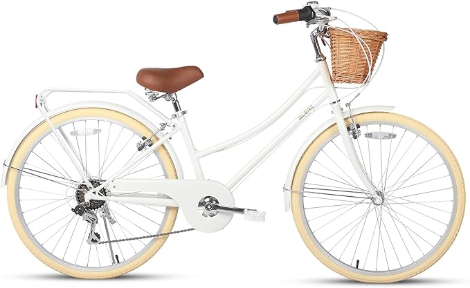Glerc 20 24 26 Inch Beach Cruiser Bike, 6-Speed Hybrid City Bicycle for Girls Youth and Over 6 Years Old, Missy Bike with Wicker Basket & Lightweight, Multiple Colors