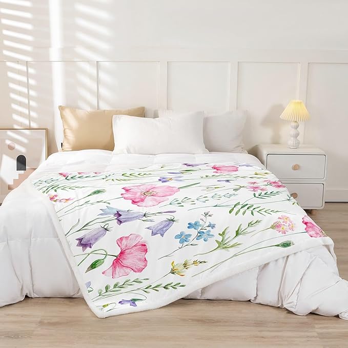 Pink Poppy Sherpa Blanket Poppy Floral Fleece Throw Blanket for Sofa Couch Bed Botanical Floral Printed Plush Blanket Ultra Soft Decor Colorful Wild Flowers Fuzzy Blanket Throw 50x60 Inch