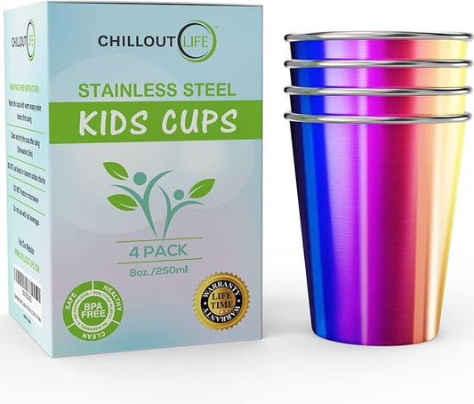 Stainless Steel Kids Cups 8 oz - Stainless Steel Small Children Cups for Home & Outdoor Activities, BPA Free Unbreakable Premium Stackable Metal Drinking Glasses (4-Pack) - Rainbow Colorful Finish