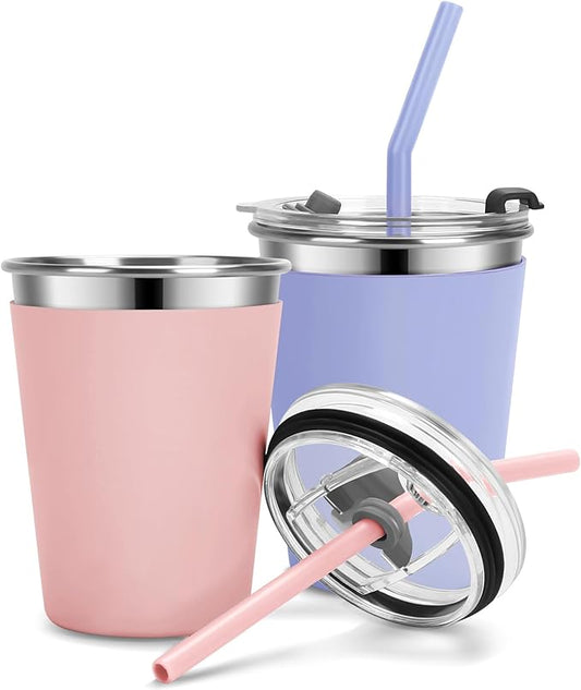 Kids Cups with Straws and Lids Leak Proof, 12oz Sippy Cups for Toddlers 1-3, 2 Pack Spill Proof Cup Stainless Steel Kids Cups with Lids for School, Outdoor (Pink & Cyan)