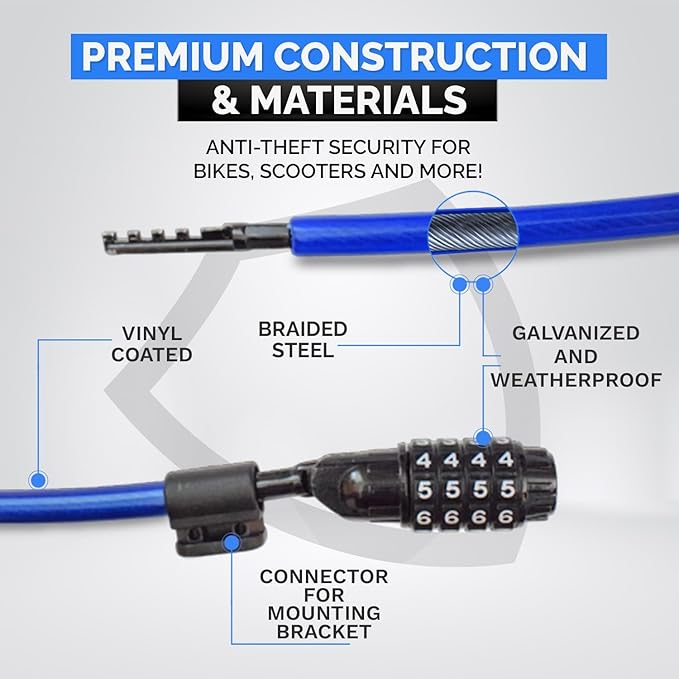 Security Cable Lock Set, Resettable Combination Lock, Mounting Bracket, Portable and Compact for Bikes, Scooters and More, 4ft