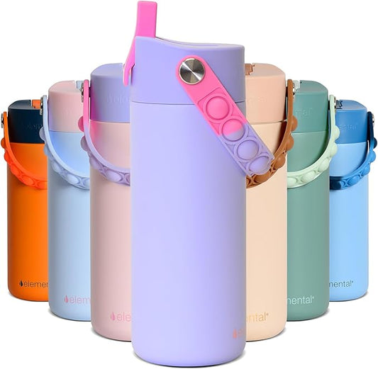 Elemental Insulated Kids Water Bottle, Stainless Steel Water Bottle with Straw Lid & Pop-It Handle, Leak-Proof Water Bottles for School, Boys or Girls, Travelling and Sports, 18oz - Lilac Tie Dye