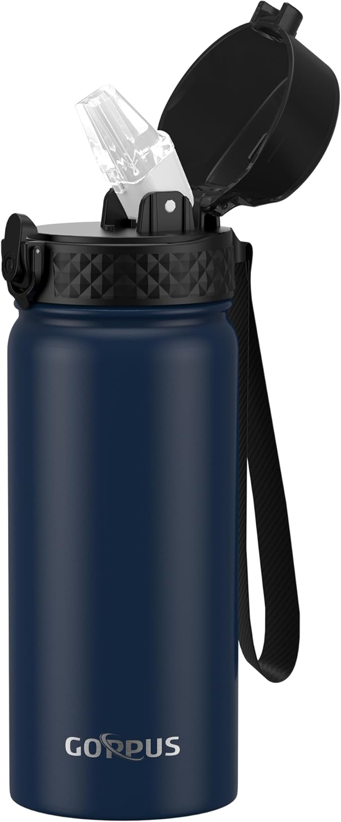 Kids Water Bottle, GOPPUS 18 Oz Stainless Steel Travel Bottle, Double Wall Vacuum Leak Proof Kids Cup for School Boys Girls, Navy Blue
