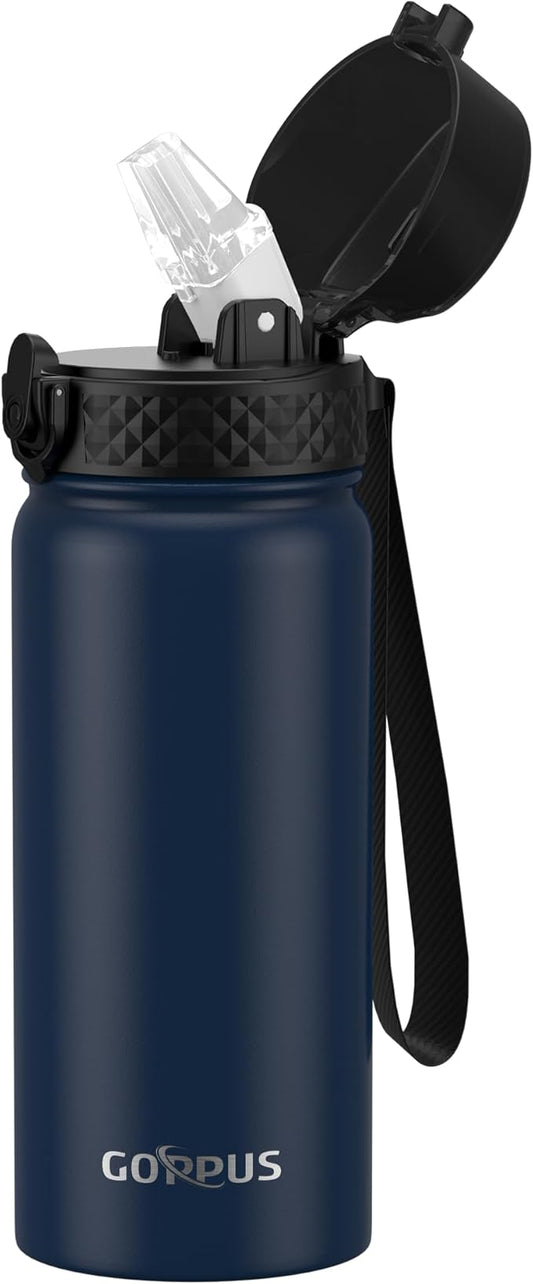 Kids Water Bottle, GOPPUS 18 Oz Stainless Steel Travel Bottle, Double Wall Vacuum Leak Proof Kids Cup for School Boys Girls, Navy Blue