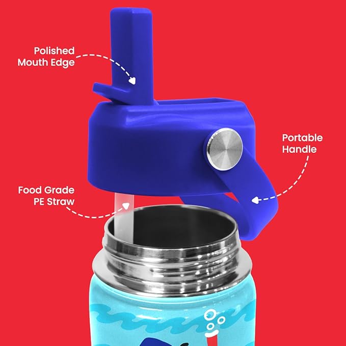 Shark Water Bottle - Kids Water Bottle with Straw Lid - 12 Oz Insulated Stainless Steel Water Bottles for Kid Boys - Travel Cup for School Sports